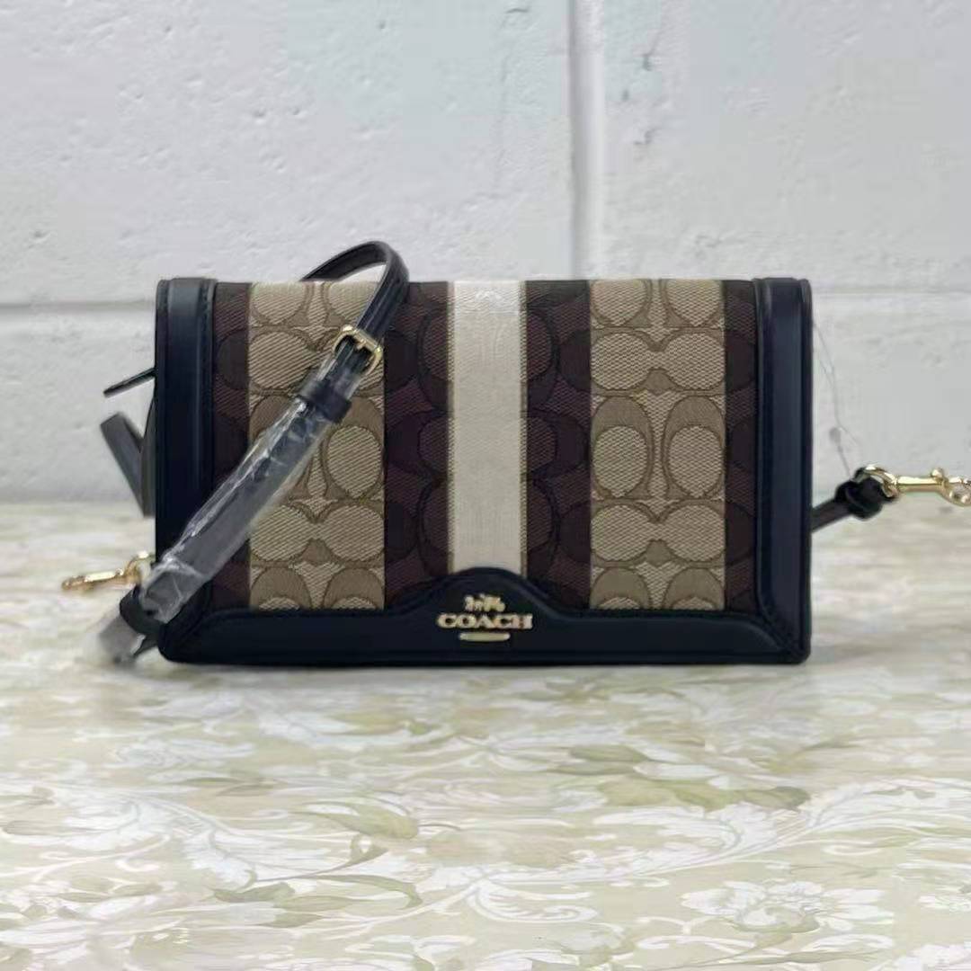 Coach C5884 Anna Foldover Clutch Crossbody Bag In Khaki Black Multi Coach C5884 Anna Foldover Clutch Crossbody Bag In Khaki Black Multi